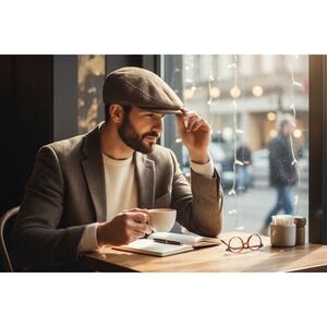 Classic Tweed Flat Cap Mens Wool Blend Beret Hat Brown Size Medium